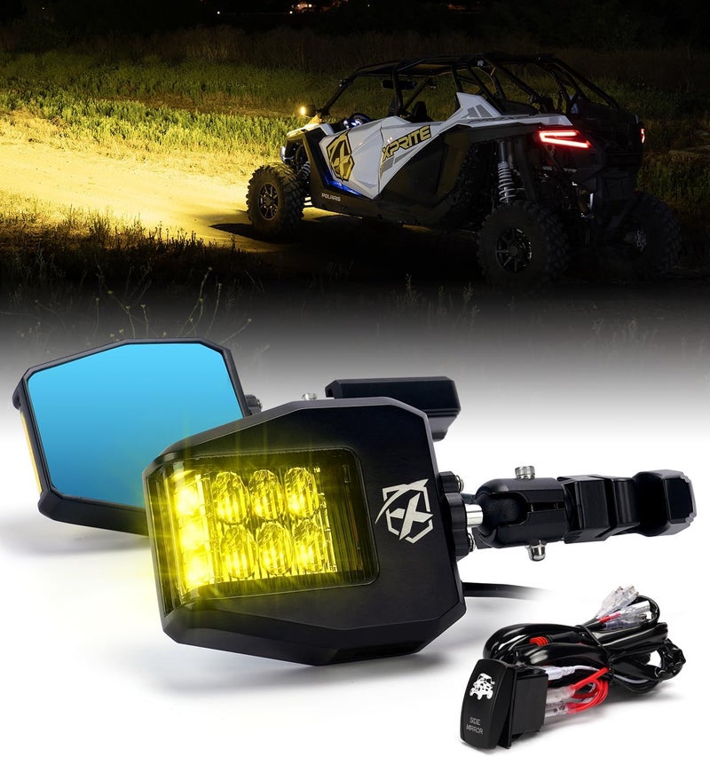 Xprite مرآة جانبية لسيارات UTV 2025 جديدة من الألمنيوم مع ضوء LED برتقالي وعدسة برتقالية تناسب قضبان الحماية بقطر 1.75"-2" متوافقة مع بايونير بولاريس RZR، SXS، كان آم X3، كاواساكي تيركس مولي، ياماها راينو وولف. - Image 1